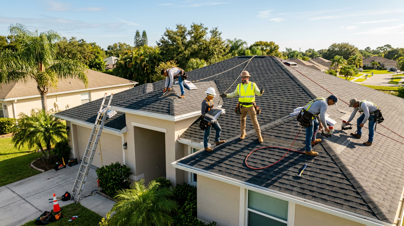 Roofing crew working on a Florida home